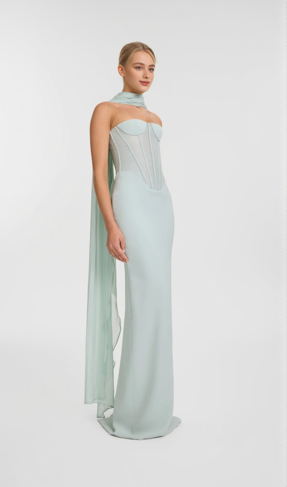 anna Strapless  Mesh Scarf Corset Maxi Dress in green