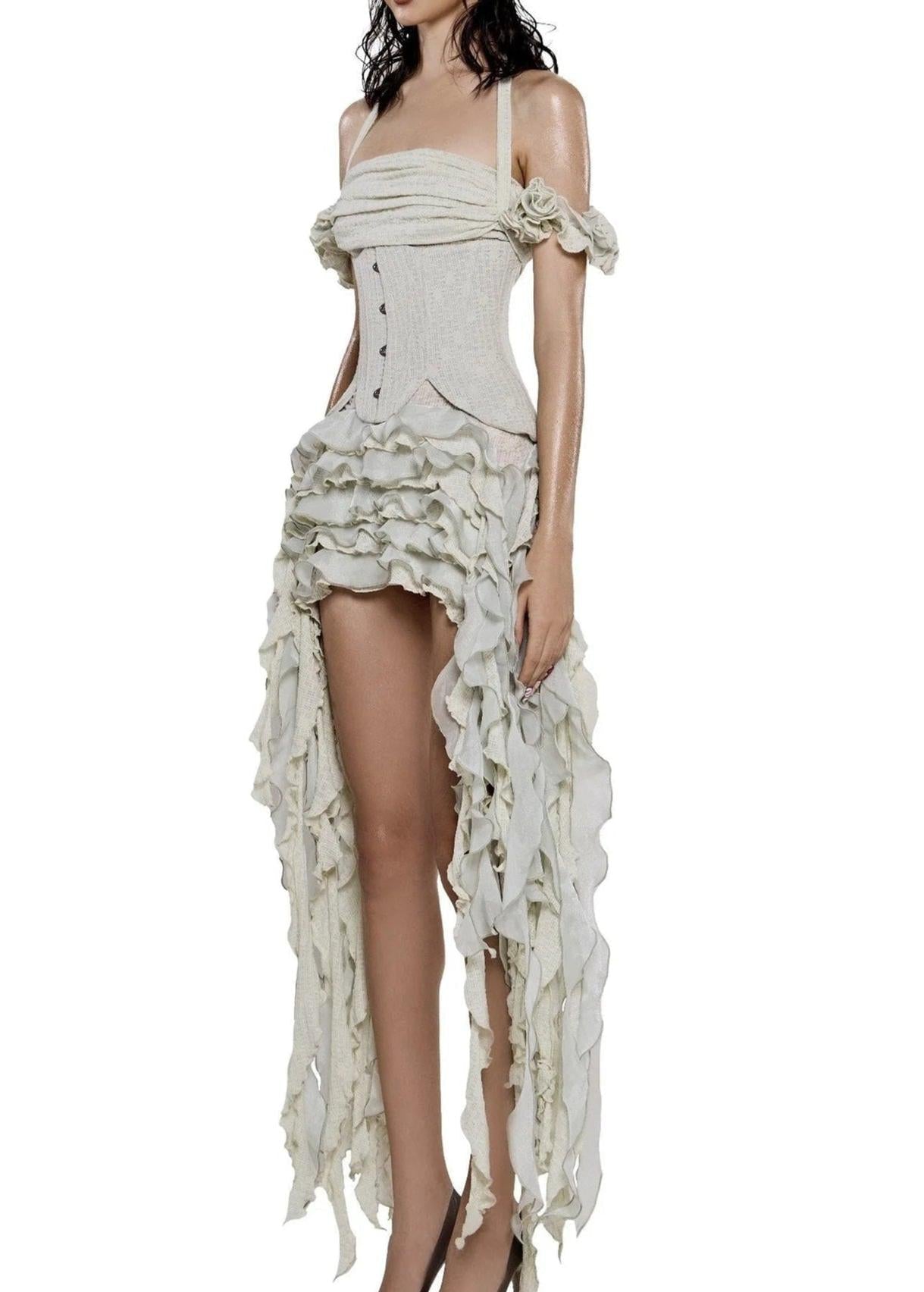 elva halter three-dimensional flower irregular tassel mini dress in Beige